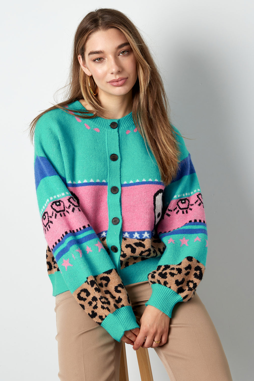 Knitted Wool Blend Women's Cardigan Oversized Patterned Design