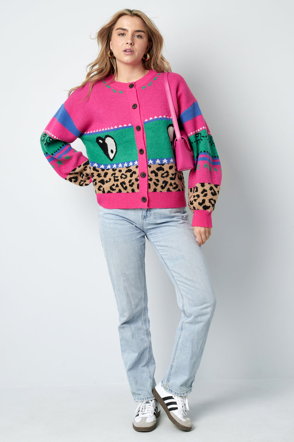 Knitted Wool Blend Women's Cardigan Oversized Patterned Design