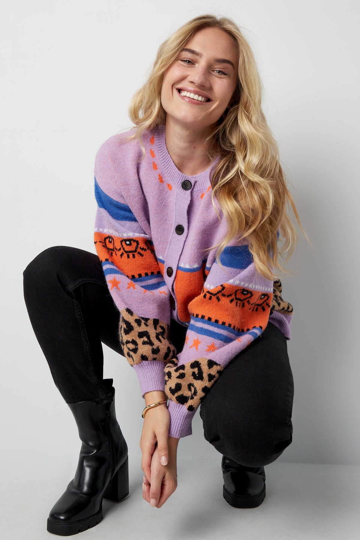 Knitted Wool Blend Women's Cardigan Oversized Patterned Design