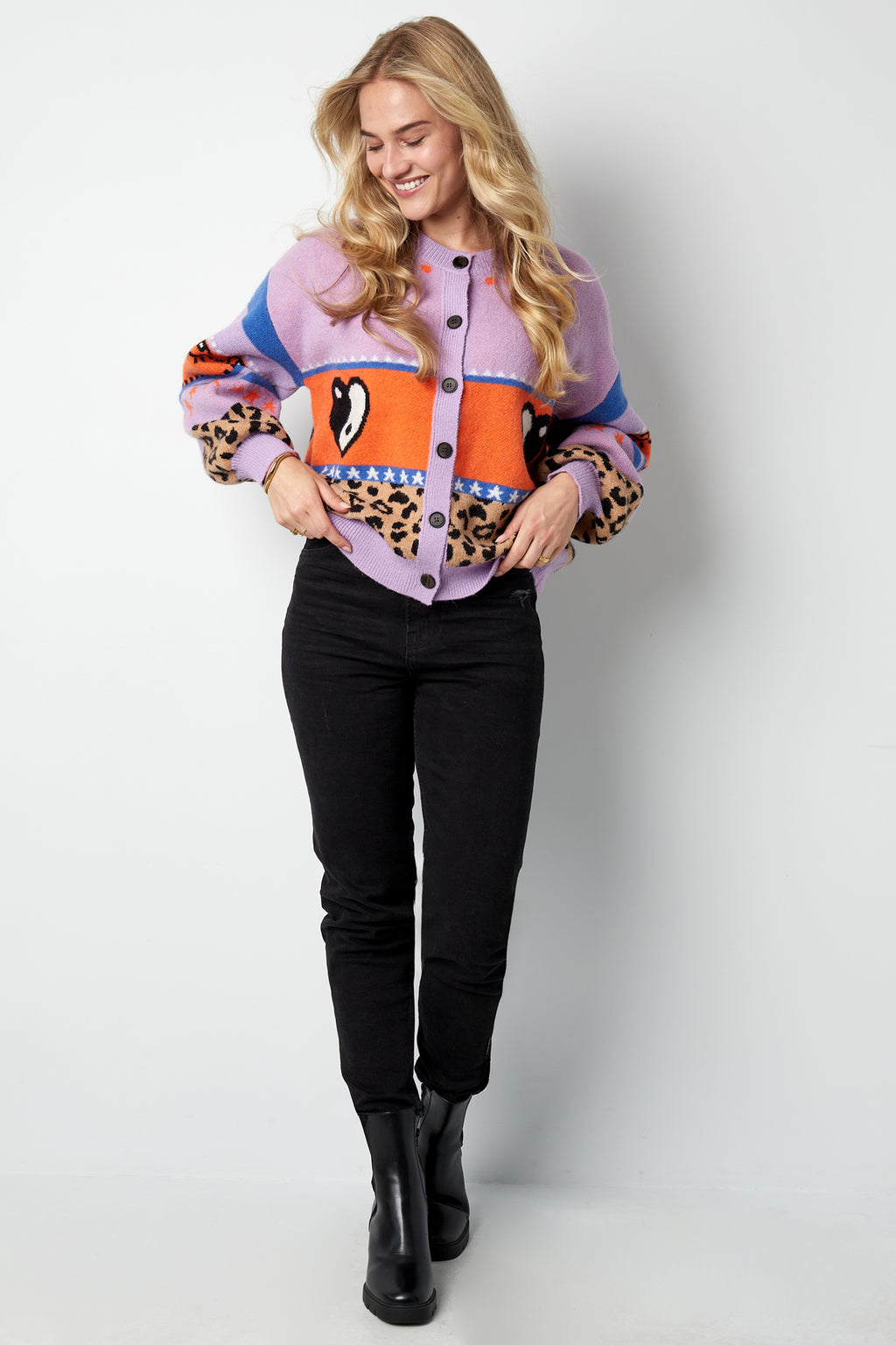 Knitted Wool Blend Women's Cardigan Oversized Patterned Design