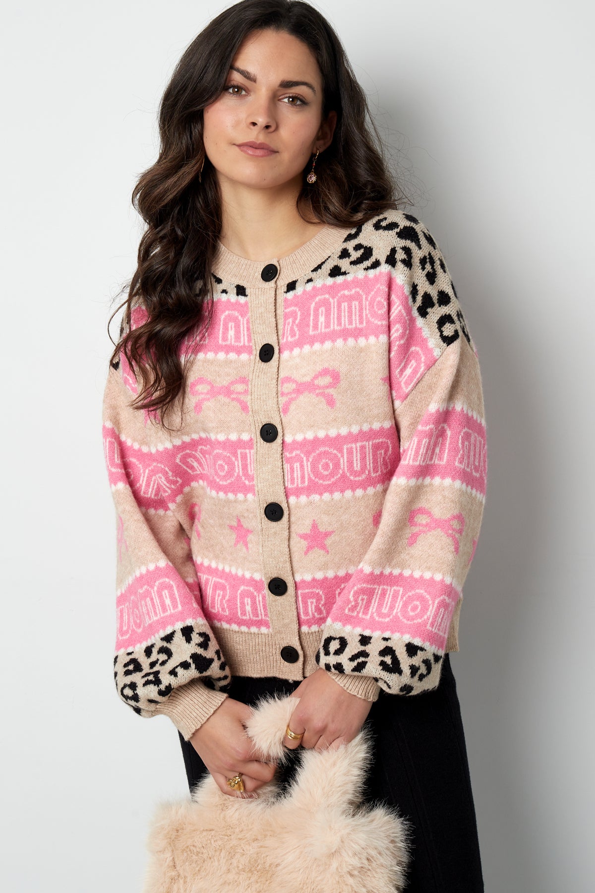 Knitted Cotton Blend Women's Cardigan Patterned Print