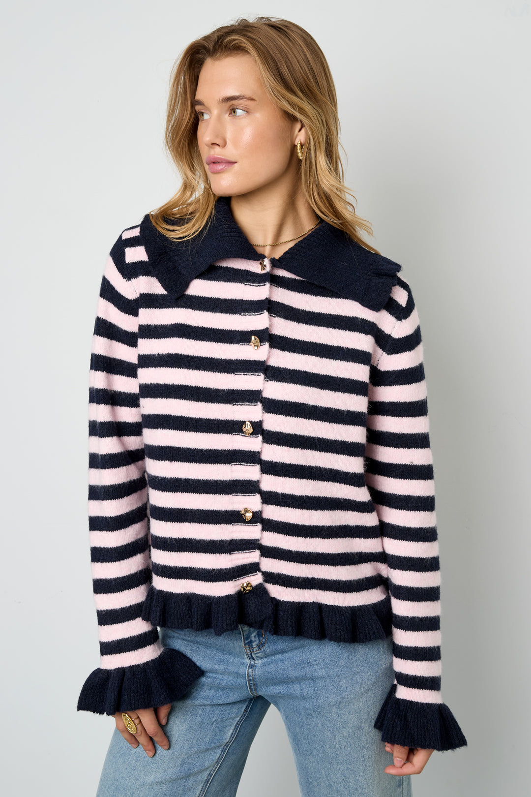 Knitted Polyester Fiber Women's Cardigan Casual Stripes